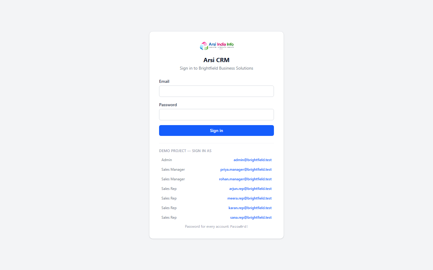 Arsi CRM sign-in page, showing the demo-account quick-fill list