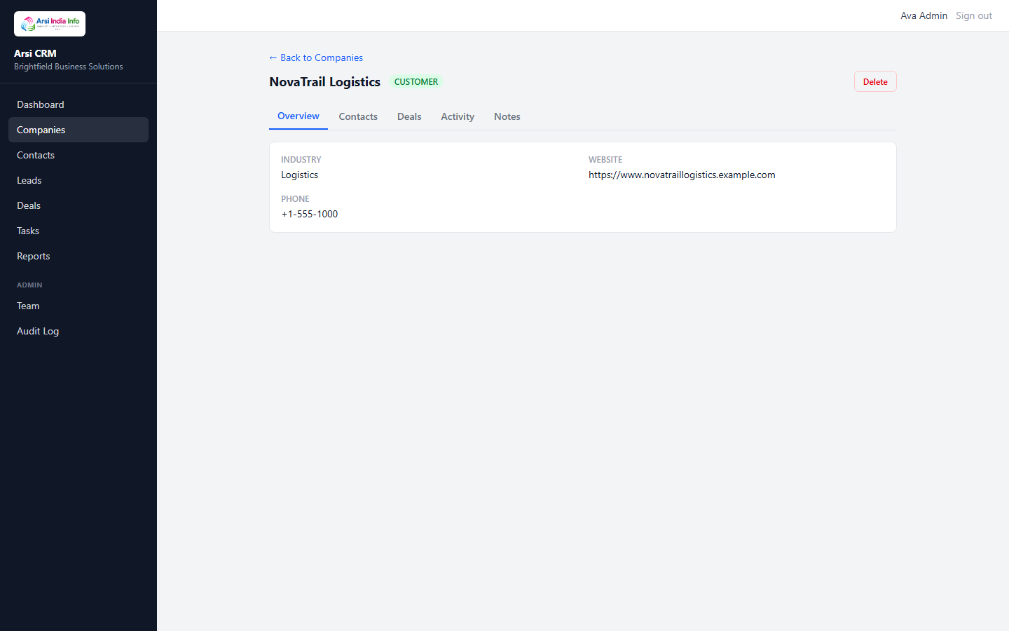 A company's detail page with Overview/Contacts/Deals/Activity/Notes tabs