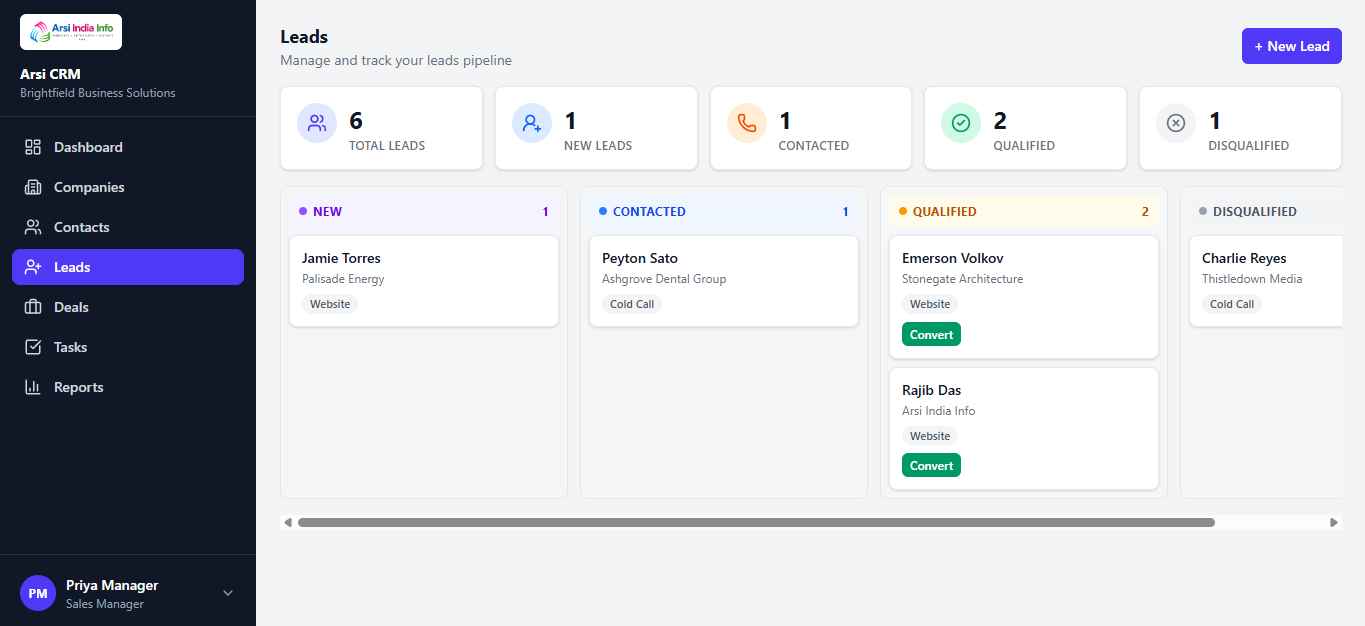 The Leads kanban board with New/Contacted/Qualified/Disqualified columns