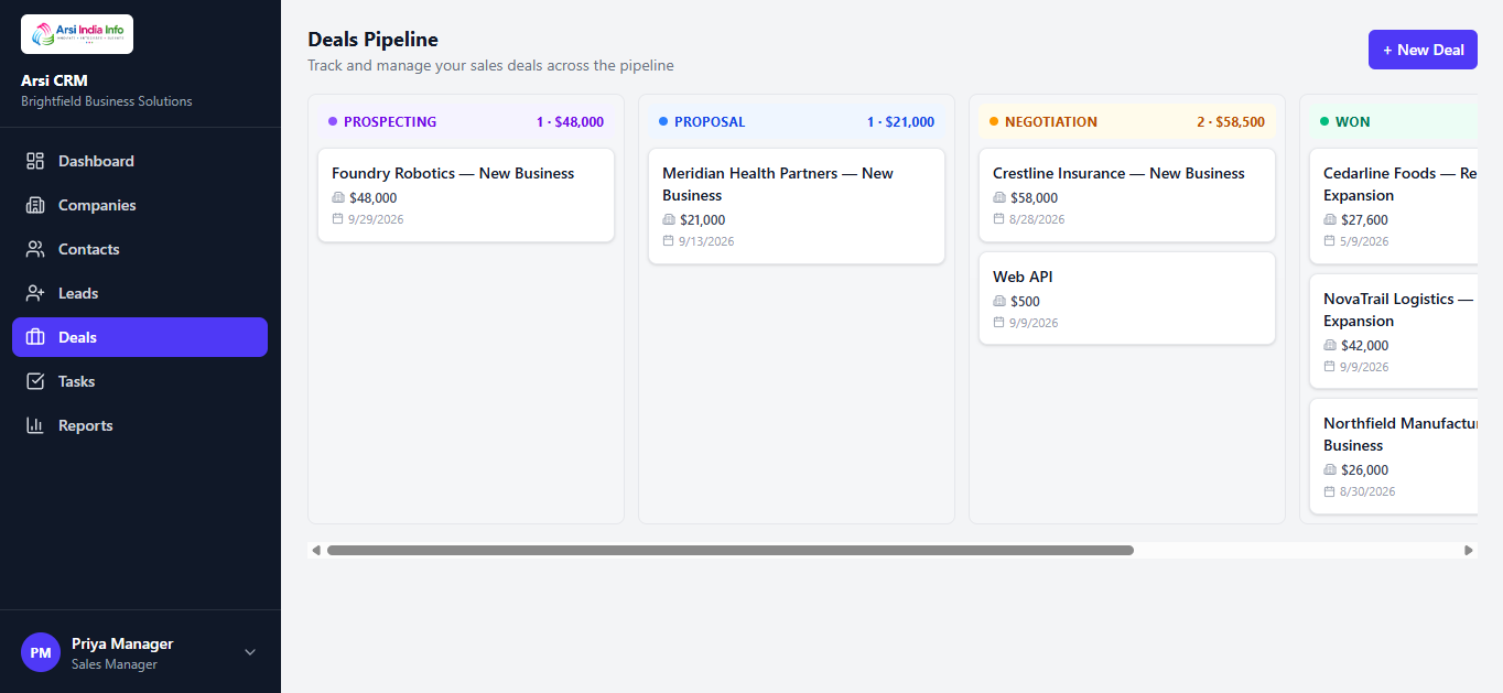 The Deals kanban board with Prospecting/Proposal/Negotiation/Won/Lost columns