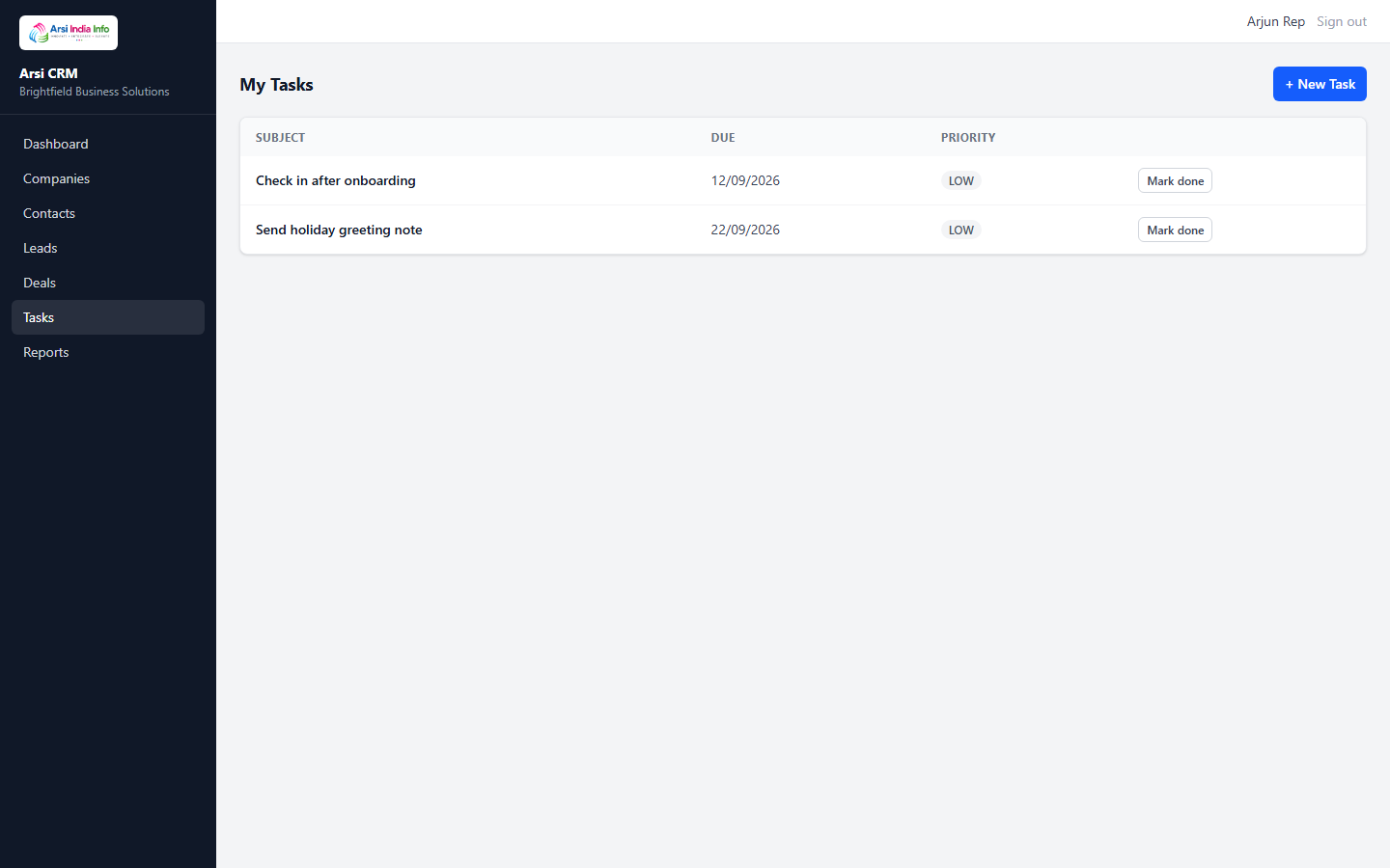 My Tasks list, showing subject/due date/priority and a Mark done button