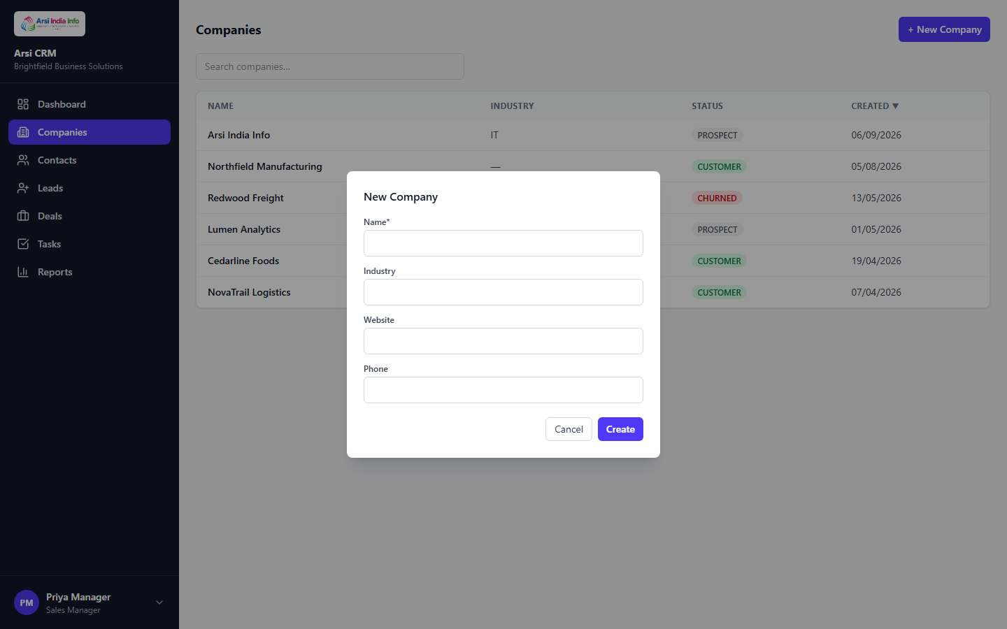 The New Company dialog, with Name/Industry/Website/Phone fields
