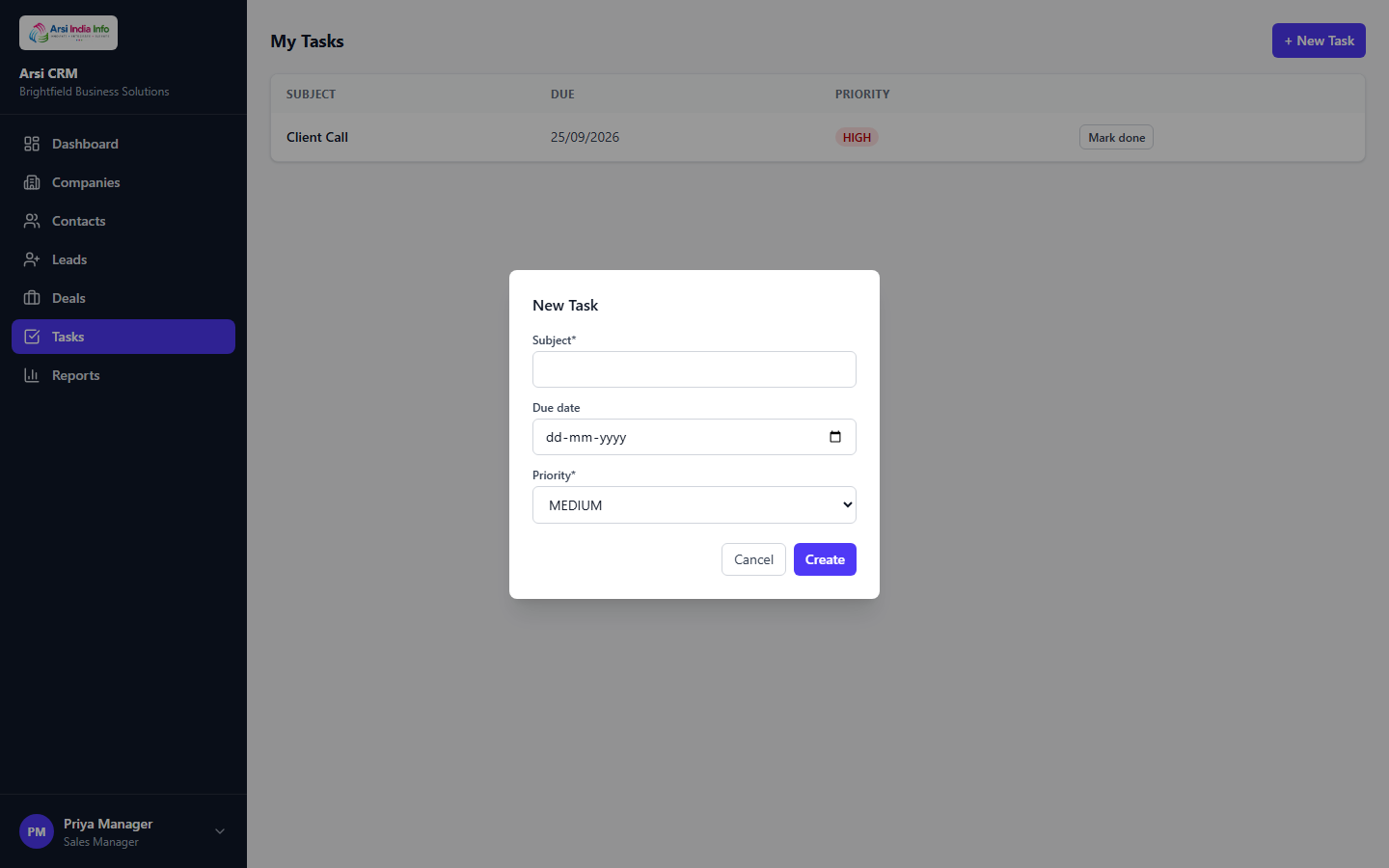 The New Task dialog, with Subject/Due date/Priority fields
