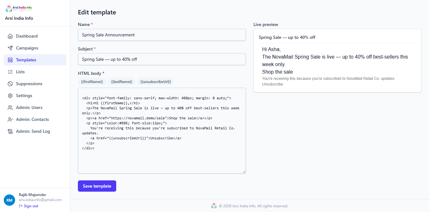 Template editor with merge-field shortcuts and a live preview pane