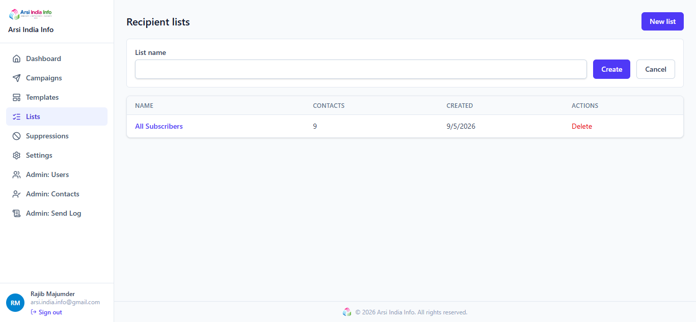Creating a new list — name field, Create/Cancel