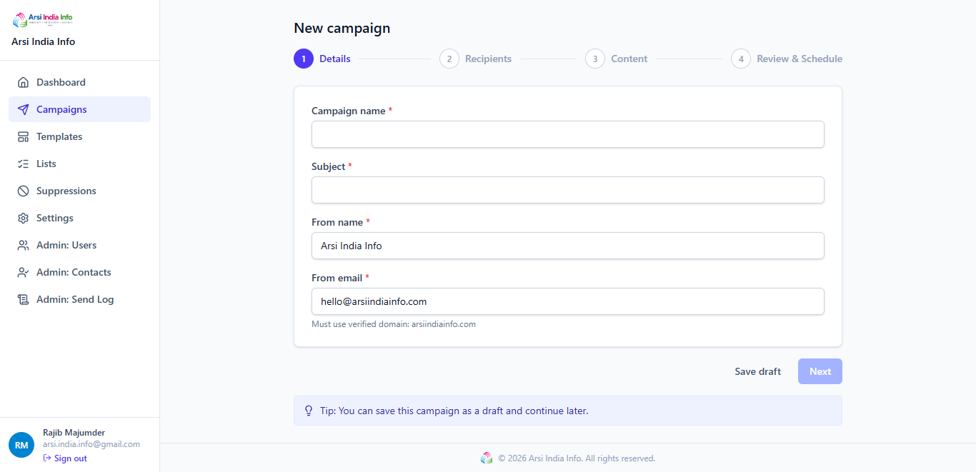 New campaign wizard, step 1: Details