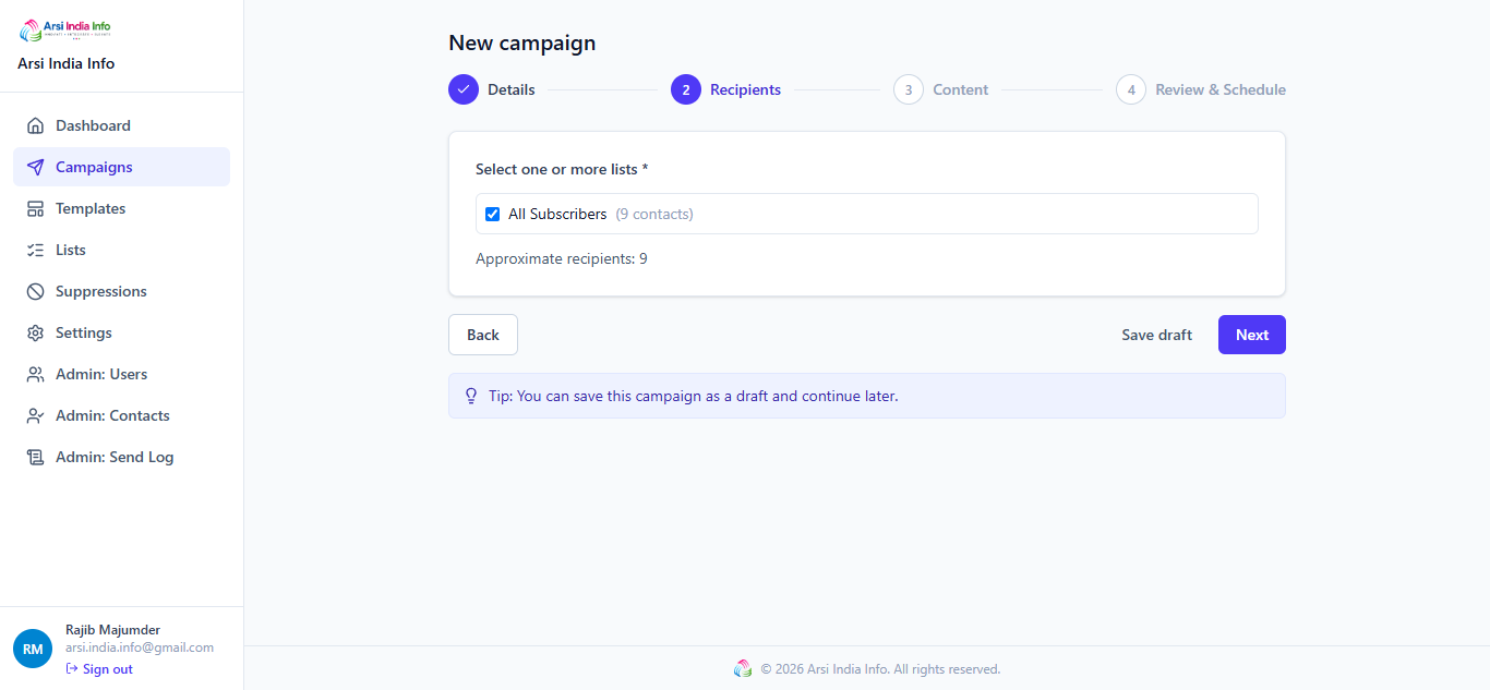 New campaign wizard, step 2: Recipients