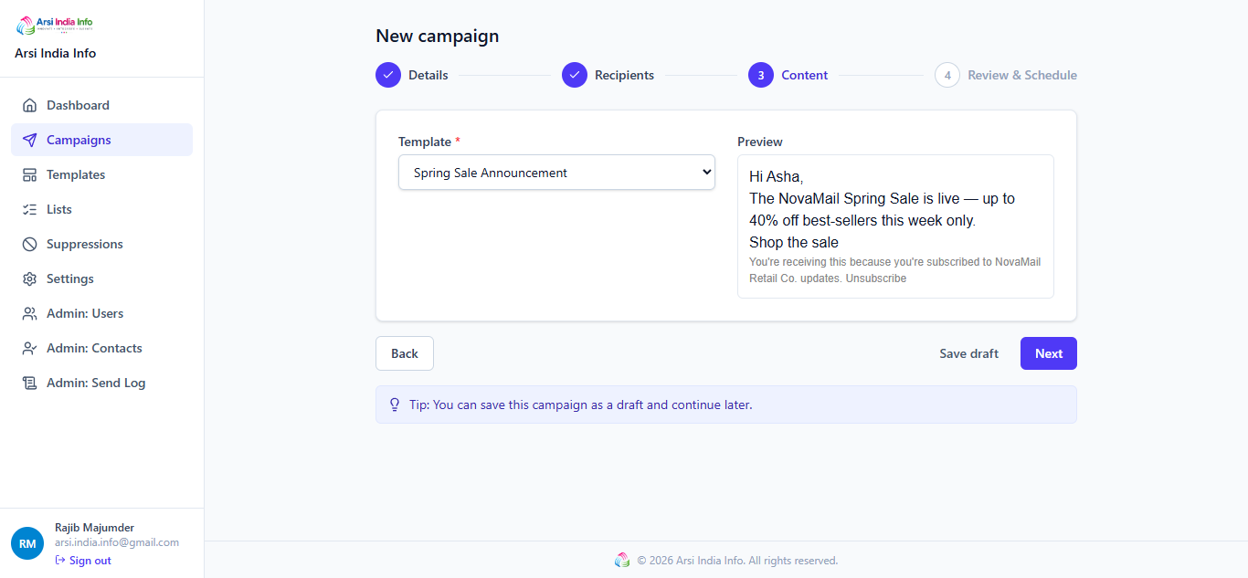 New campaign wizard, step 3: Content, with a live preview