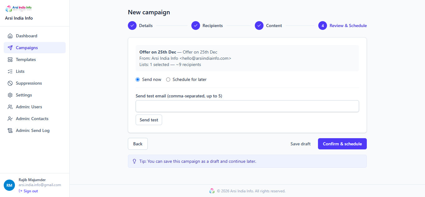 New campaign wizard, step 4: Review and Schedule