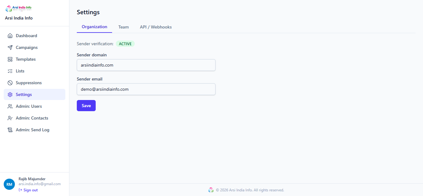 Settings page with sender domain verification