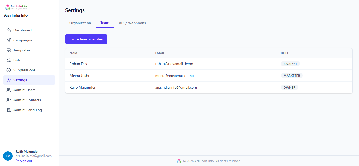 Settings — Team tab listing this organization's members and roles