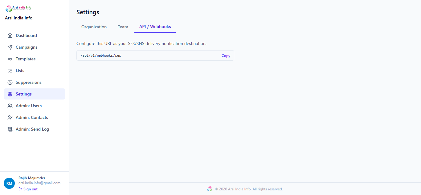 Settings — API / Webhooks tab showing the inbound webhook URL