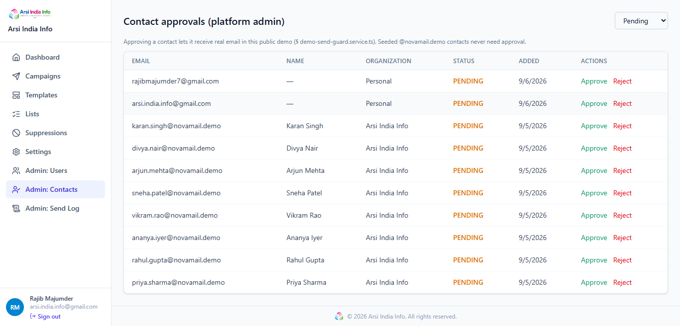 Admin Contacts screen — imported contacts awaiting approval