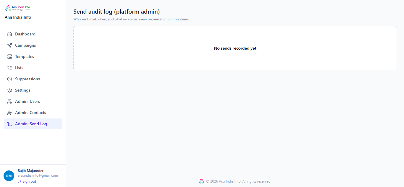 Admin Send Log — every demo send across every organization