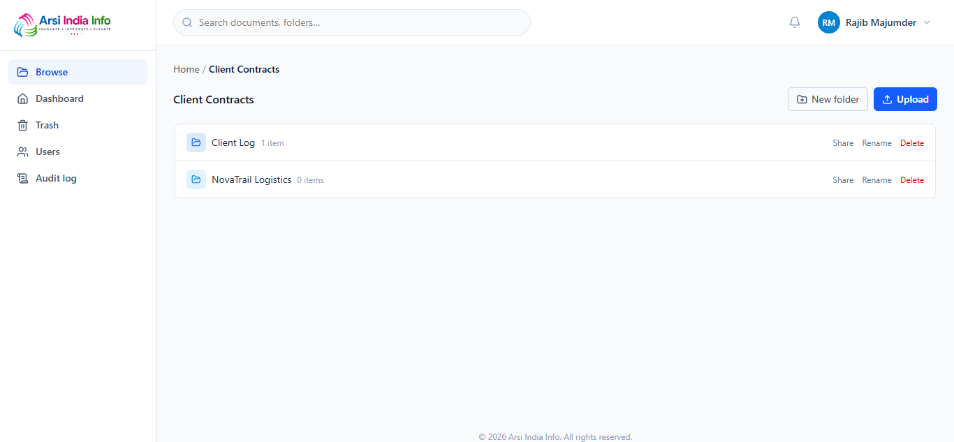 Inside a folder — breadcrumb, subfolders, and documents with per-type icons