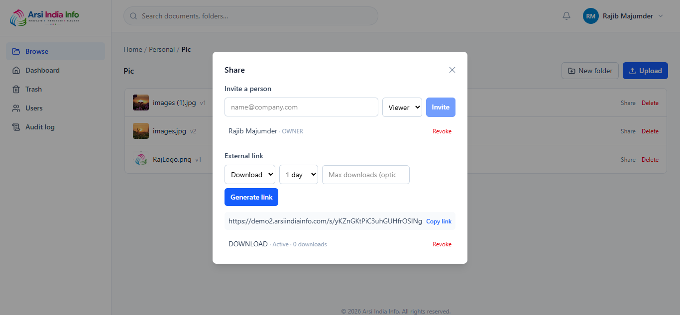 Share dialog for a document — existing grant, and a generated external link