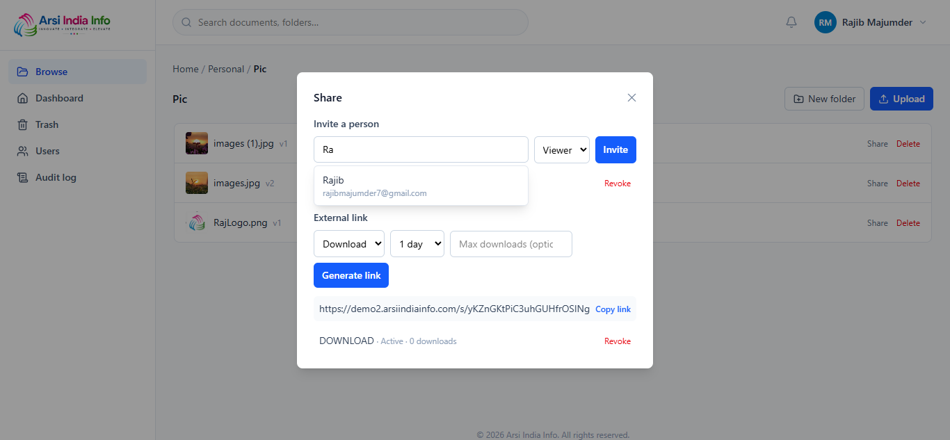 Share dialog — invite-a-person autocomplete suggesting a teammate
