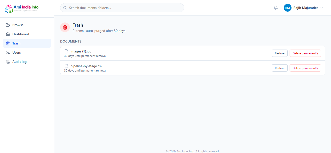Trash — deleted folders and documents with days-remaining and restore/purge actions
