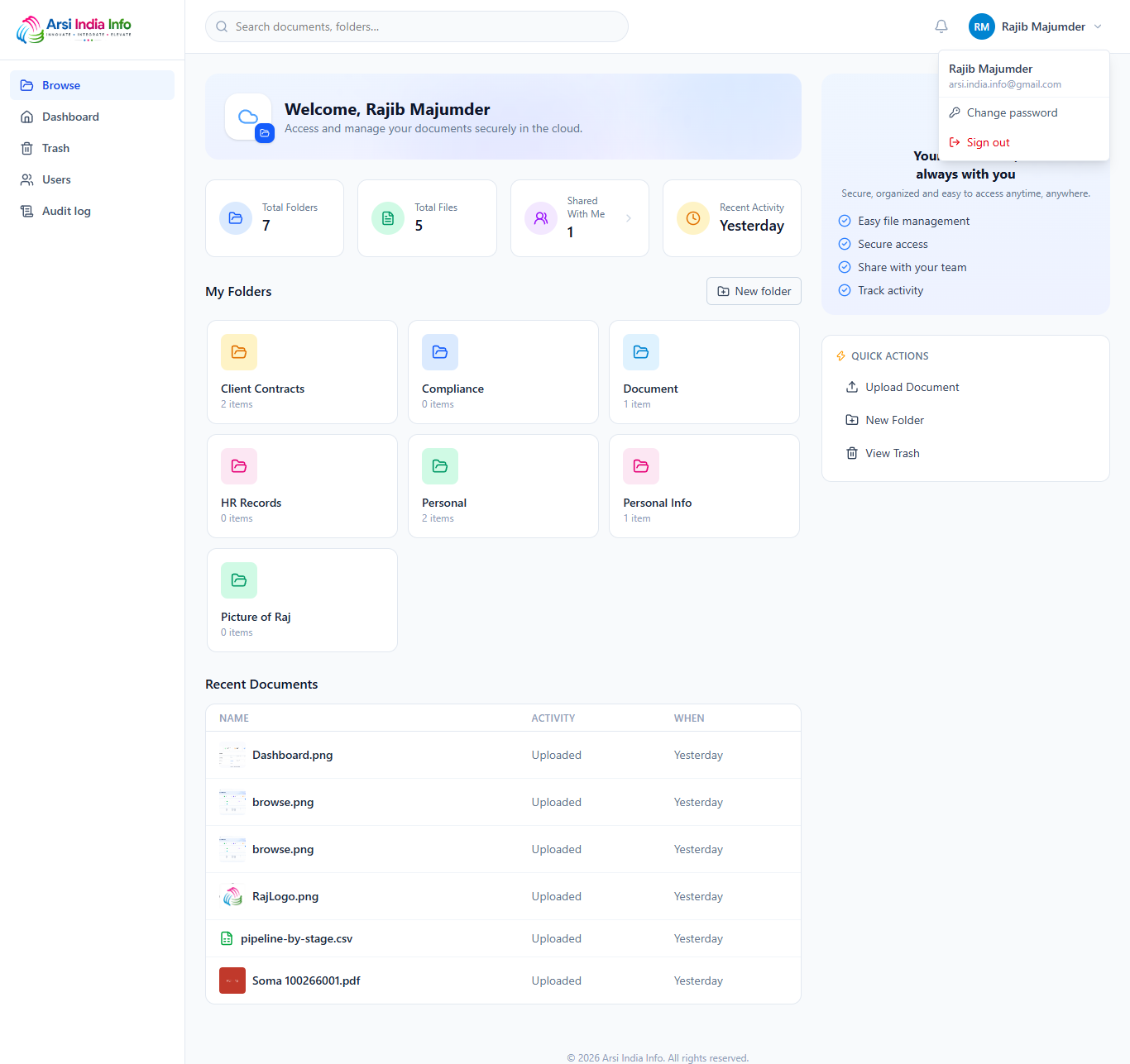 Avatar menu — Change password and Sign out